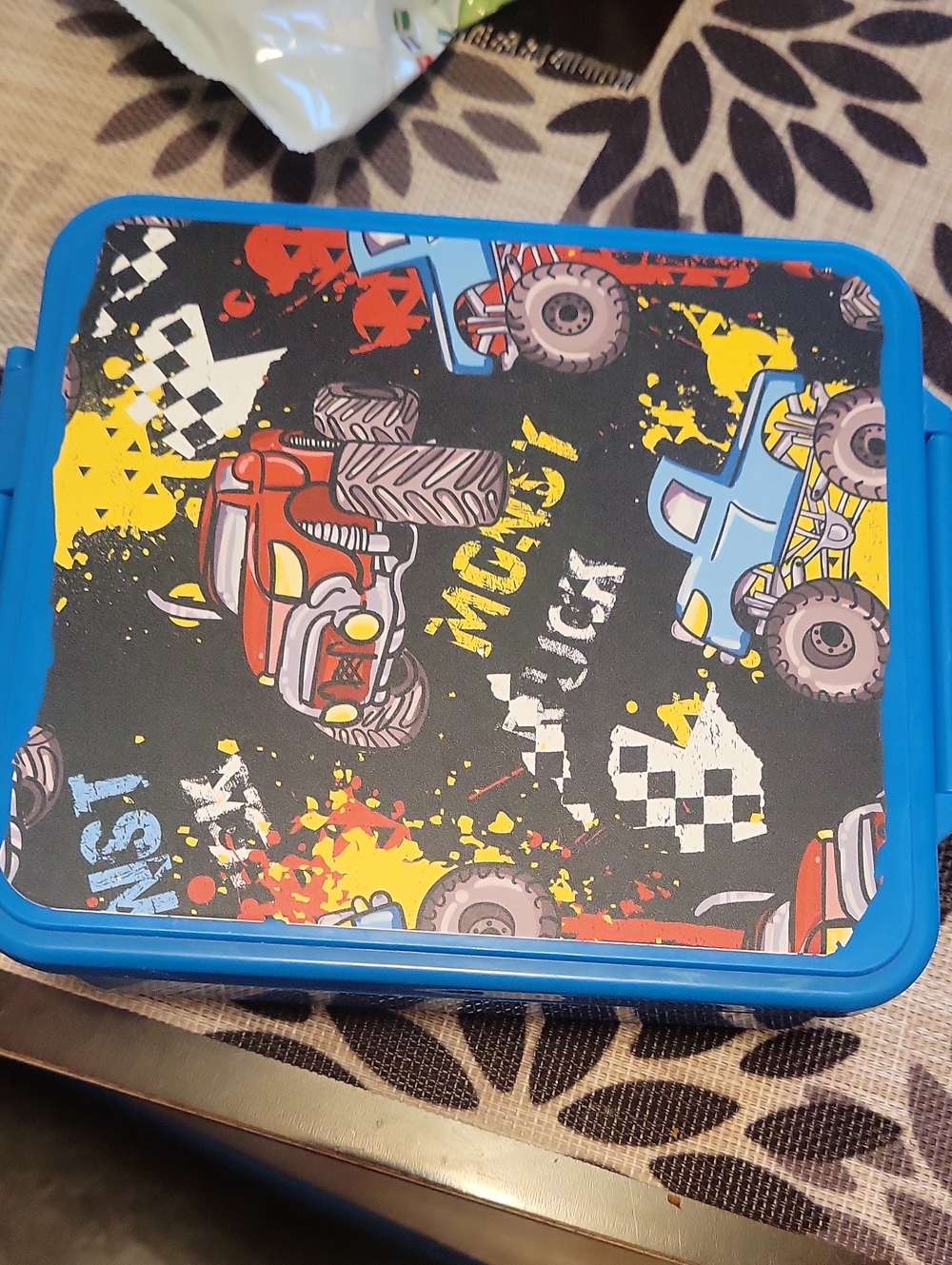 Blue Kids Lunch Box with Monster Truck Print